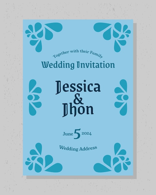 Wedding invitation card in blue color flat design