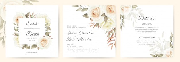 Wedding invitation card. bouquet of white roses, brown leaves drawn with vintage style. template set card.