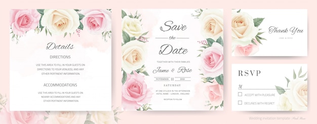 Vettore carta di invito a nozze. bouquet di rose bianche, rosa, dipinto ad acquerello. biglietto di ringraziamento modello, scheda rsvp e salvataggio della scheda data.