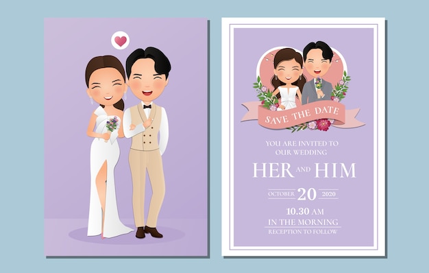 Wedding invitation card the bride and groom cute couple cartoon character.