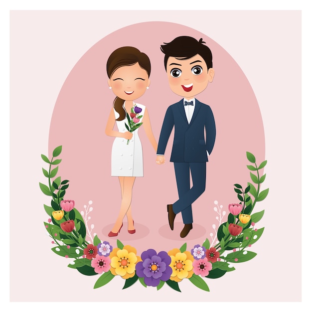 Vector wedding invitation card the bride and groom cute couple cartoon character.