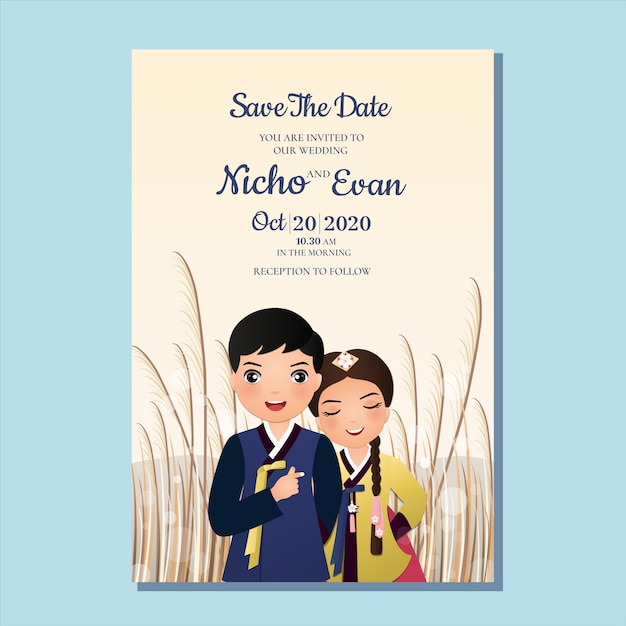 Wedding invitation card the bride and groom cute couple in traditional hanbok dress cartoon character of south korea. landscape beautiful background