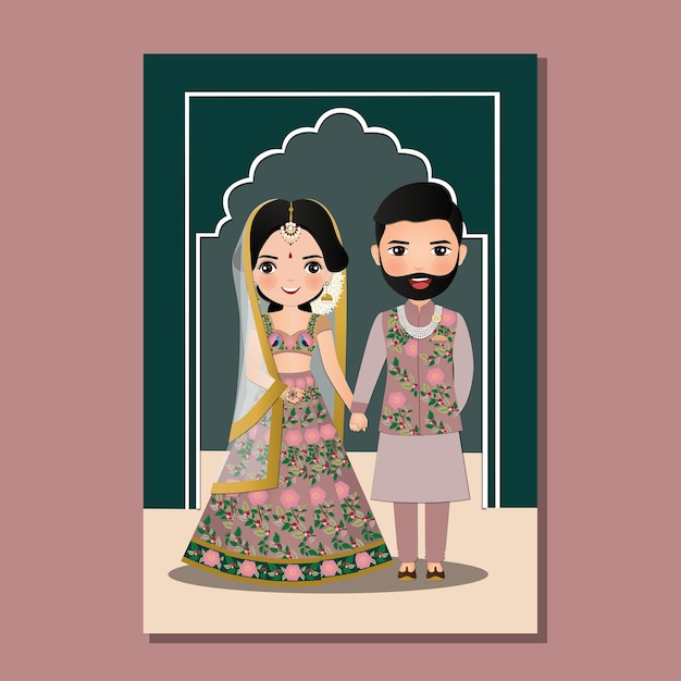 結婚式の招待カード伝統的なインドのドレスの漫画のキャラクターのイラストで新郎新婦のかわいいカップル