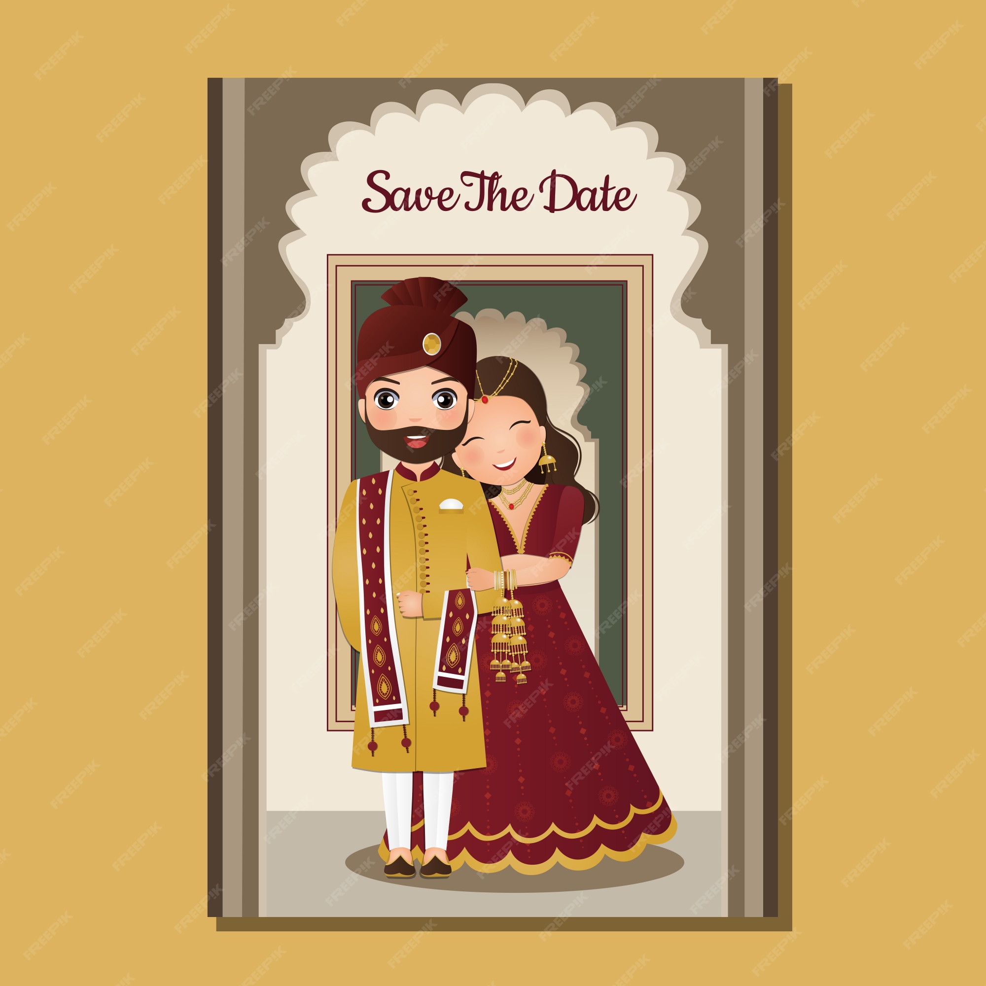 Premium Vector | Wedding invitation card the bride and groom cute couple in  traditional indian dress cartoon character