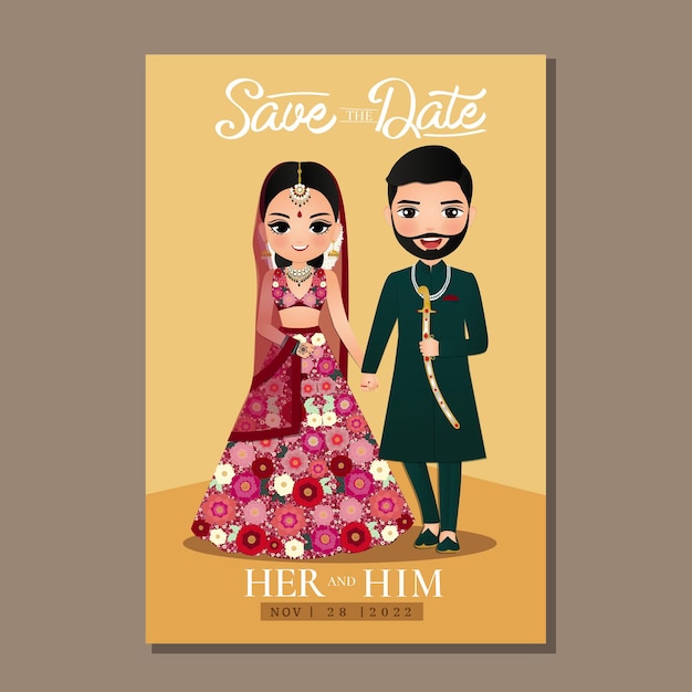 Vector wedding invitation card the bride and groom cute couple in traditional indian dress cartoon