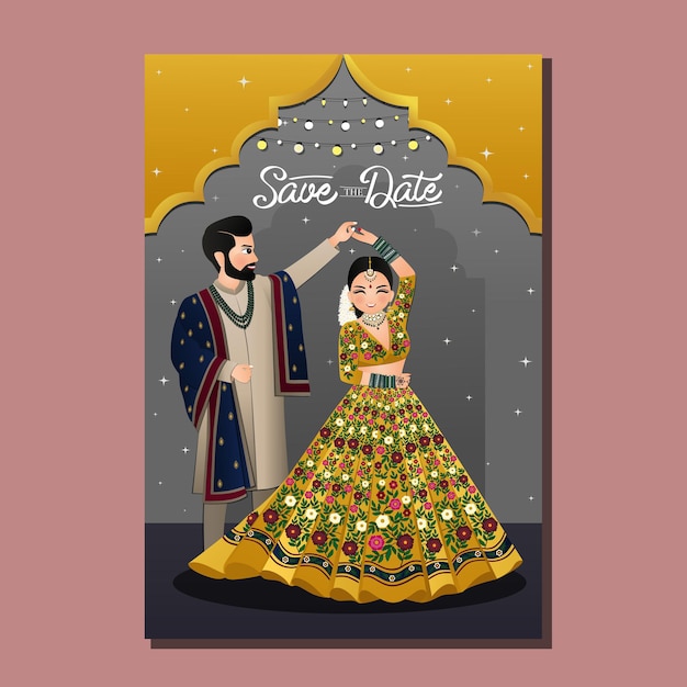 Wedding invitation card the bride and groom cute couple in traditional indian dress cartoon