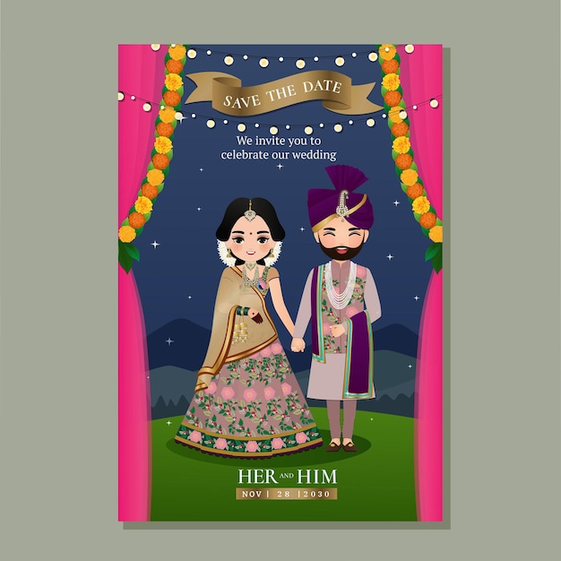 Vector wedding invitation card the bride and groom cute couple in traditional indian dress cartoon