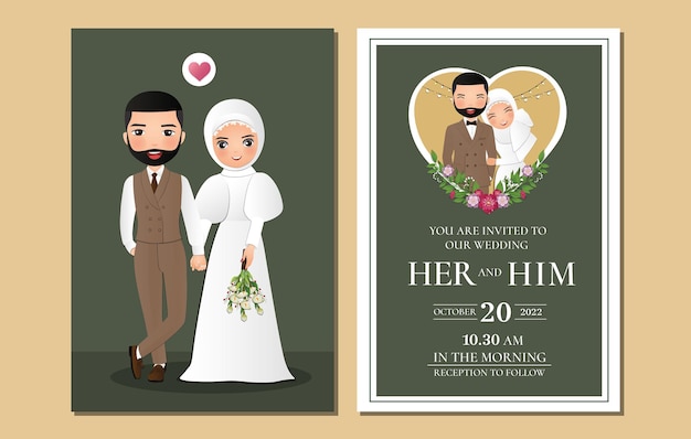 Wedding invitation card the bride and groom cute muslim couple cartoon