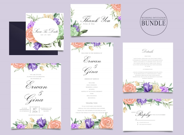 Progettazione del pacco della carta dell'invito di nozze con il modello floreale e delle foglie dell'acquerello