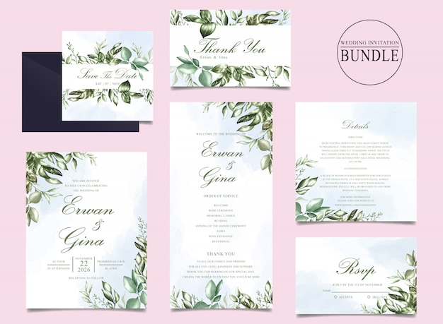 Wedding invitation card bundle with green leaves template