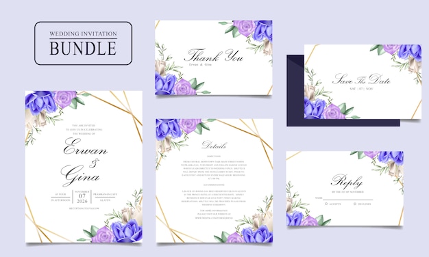 水彩花と葉のテンプレートと結婚式の招待カードバンドル