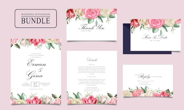 Wedding invitation card bundle with watercolor floral and leaves template