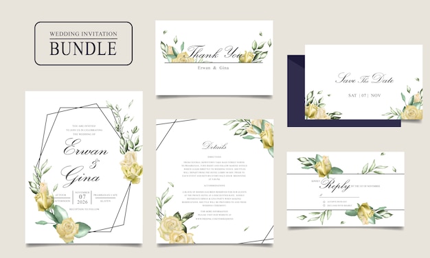 Wedding invitation card bundle with watercolor floral and leaves