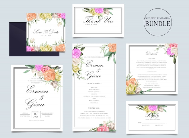 Wedding invitation card bundle with watercolor floral and leaves