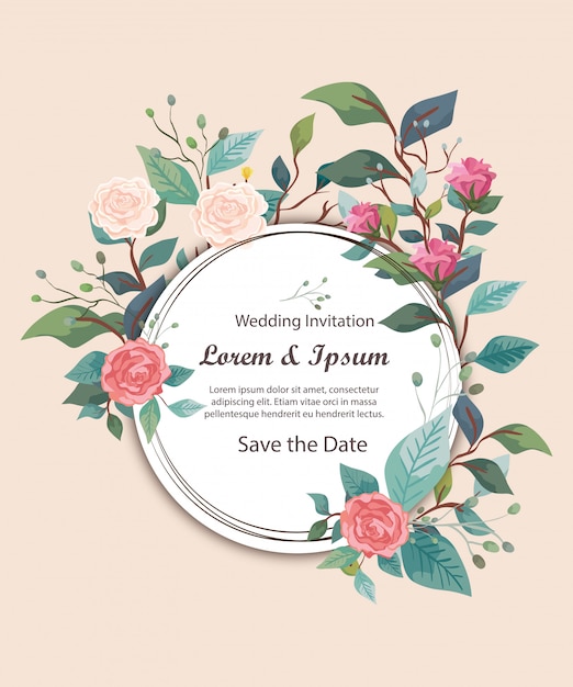 Wedding invitation card circular with flowers and leafs