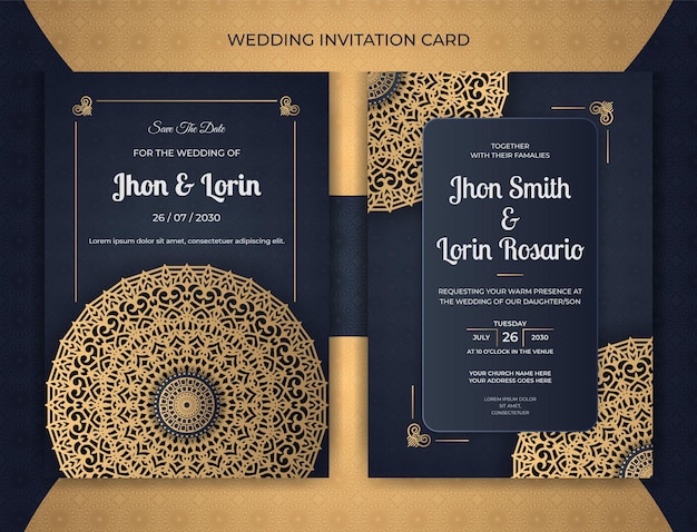 Vector wedding invitation card design with golden mandala and pattern