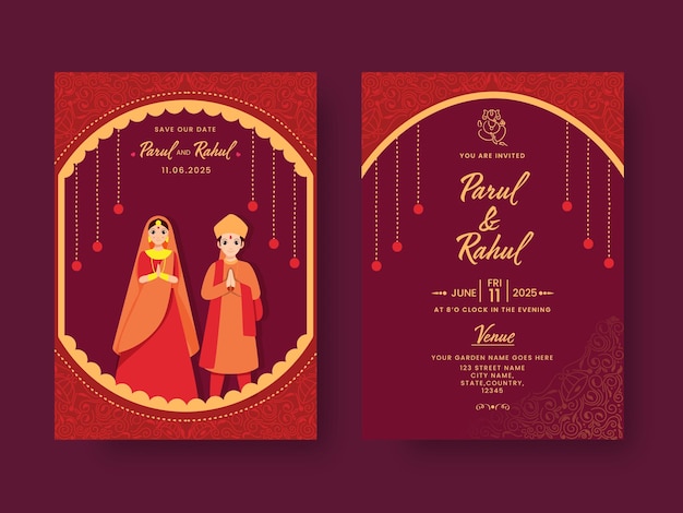 Дизайн приглашения на свадьбу с индийской парой в красном цвете