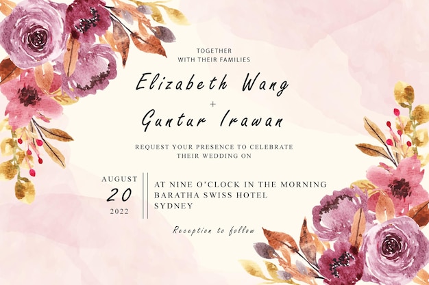 Wedding Invitation Card Design with Watercolor Floral Arrangement