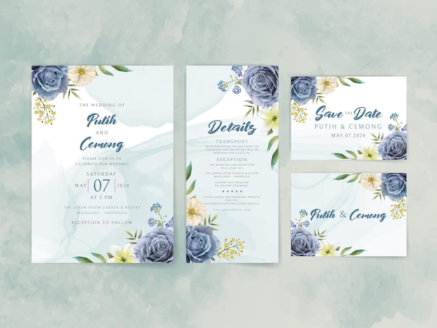 Carta dell'invito di nozze eleganti rose blu royal