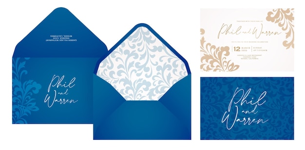 Vettore carta d'invito di matrimonio busta set design con modelli ornamentali di foglio blu e oro