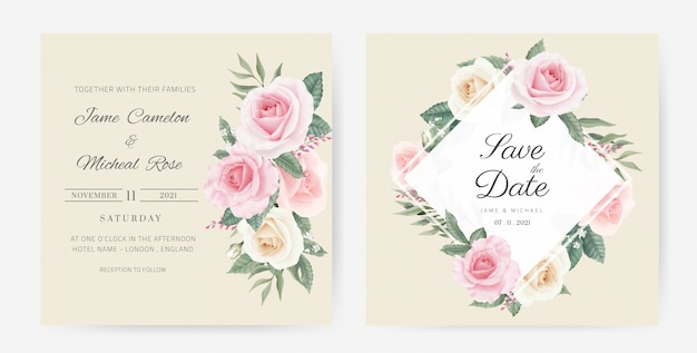 Vector wedding invitation card. flower bouquet of white roses, pink painted with watercolor. template card save the date.