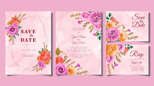 Wedding invitation card frame flowers set template