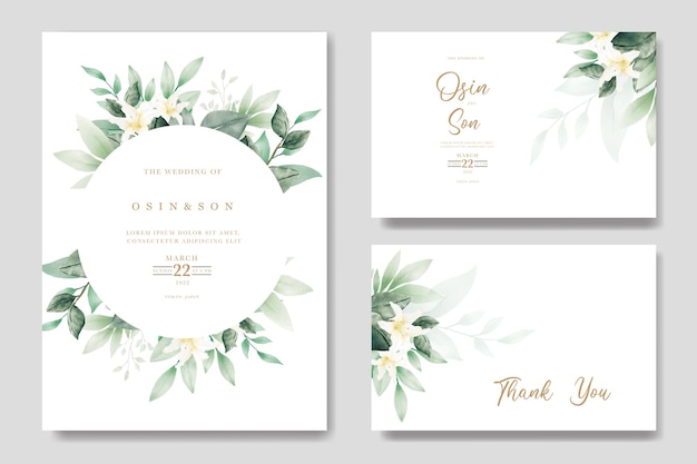 Vector wedding invitation card green leaves watercolor