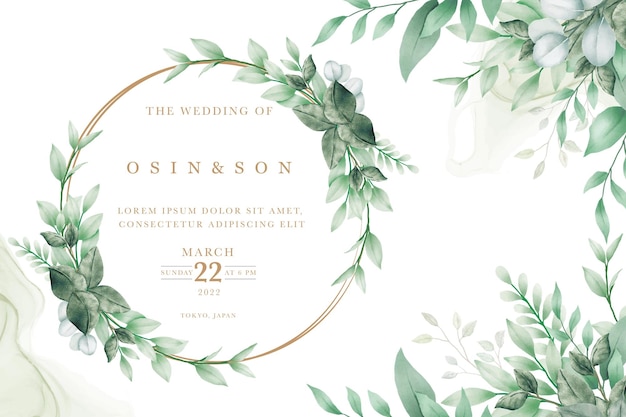 wedding invitation card green leaves watercolor