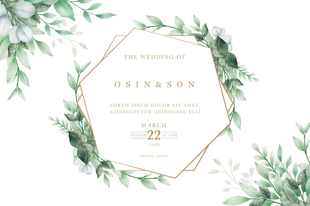 Vector wedding invitation card green leaves watercolor