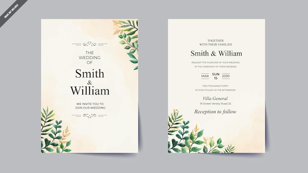 wedding invitation card layout with watercolor flowers
