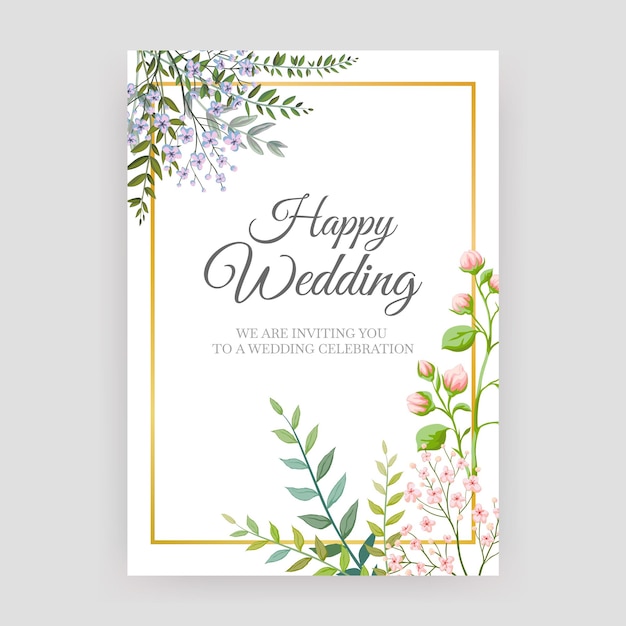 Wedding invitation card Marriage ceremony postcard design mockup Square golden frame and cute summer flowers Calligraphic congratulation lettering Vector bridal party banner with floral decoration