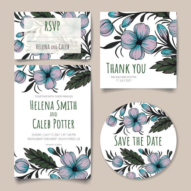 Wedding invitation card save the date card rsvp card thank you card with flowers leaves and branches