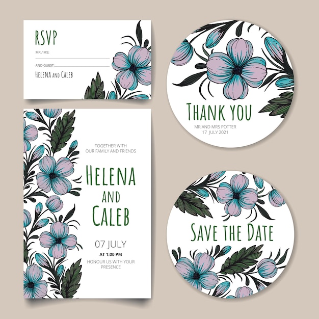 Wedding invitation card save the date card rsvp card thank you card with flowers leaves and branches