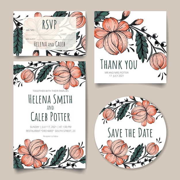 Wedding invitation card save the date card rsvp card thank you card with flowers leaves and branches