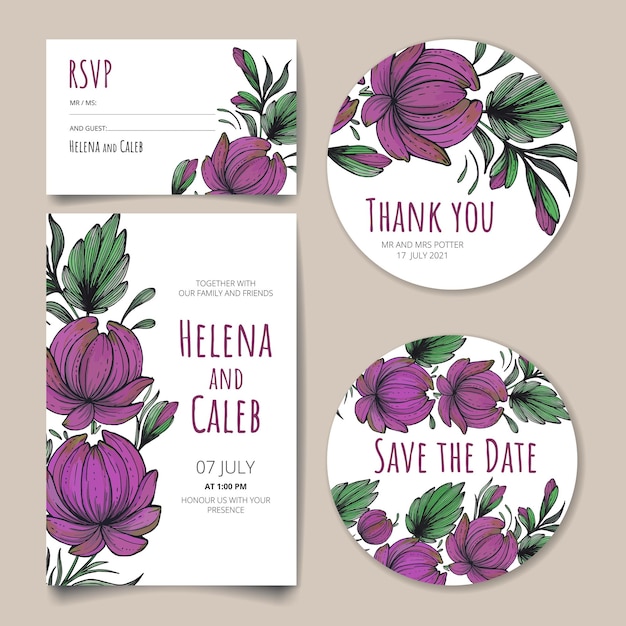 Wedding invitation card save the date card rsvp card thank you card with flowers leaves and branches