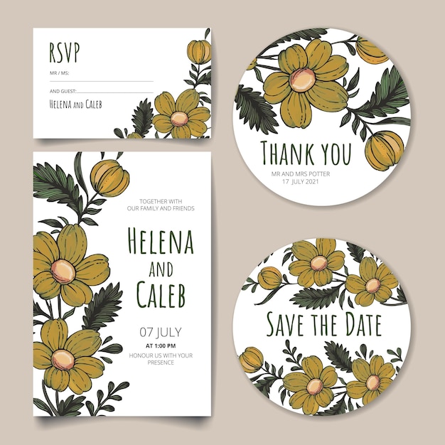 Wedding invitation card save the date card rsvp card thank you card with flowers leaves and branches