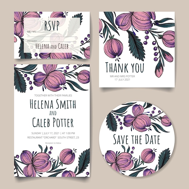 Wedding invitation card save the date card rsvp card thank you card with flowers leaves and branches