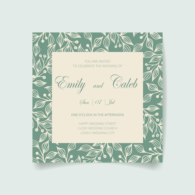 Wedding invitation card, save the date with frame, flowers, leaves and branches.