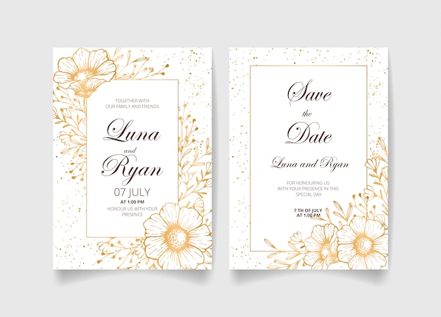 Wedding invitation card, save the date with golden flowers, leaves and branches.