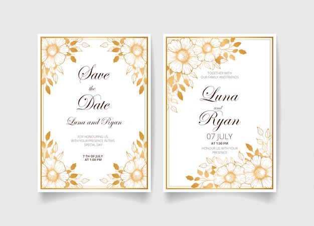 Vector wedding invitation card, save the date with golden flowers, leaves and branches.