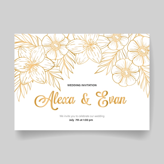 Wedding invitation card, save the date with golden flowers, leaves and branches.