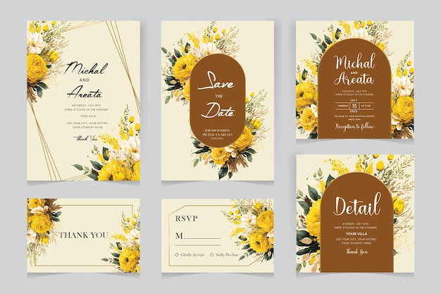 Vector wedding invitation card save the date with golden flowers leaves and branches