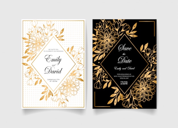 Wedding invitation card, save the date with golden frame, flowers, leaves and branches.