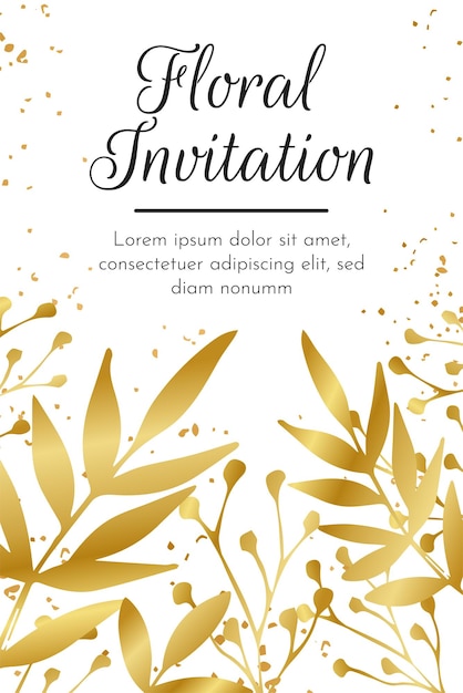 Wedding invitation card, save the date with golden frame, flowers, leaves and branches.