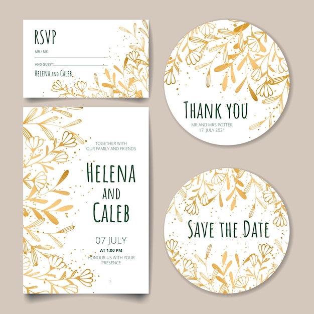 Wedding invitation card, save the date with golden frame, flowers, leaves and branches.