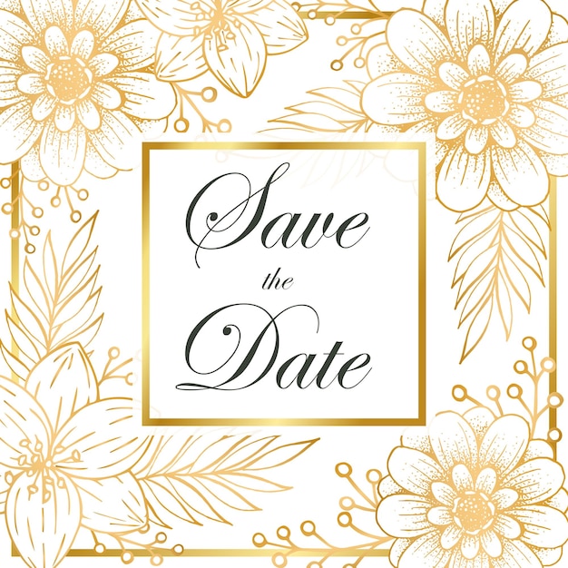 Wedding invitation card, save the date with golden frame, flowers, leaves and branches.