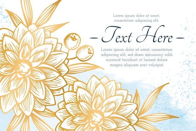 Wedding invitation card, save the date with watercolor background, golden flowers and leaves.