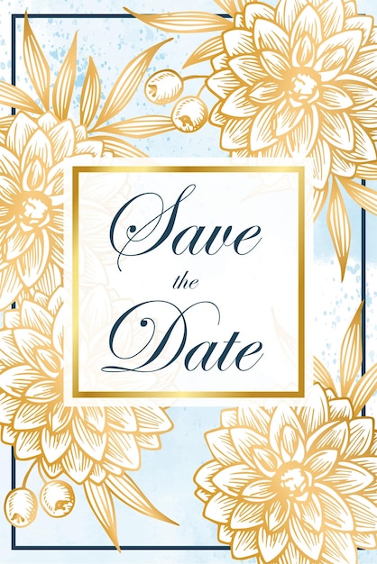 Wedding invitation card, save the date with watercolor background, golden flowers and leaves.