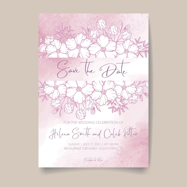 Wedding invitation card, save the date with watercolor, flowers, leaves and branches.