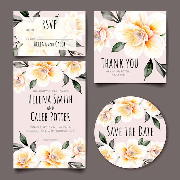 Vector wedding invitation card, save the date with watercolor flowers, leaves and branches.